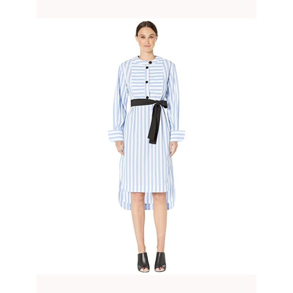 NWT YYIGAL Womens Light Blue Belted Striped Collared Tea-Length Hi-Lo Dress 4